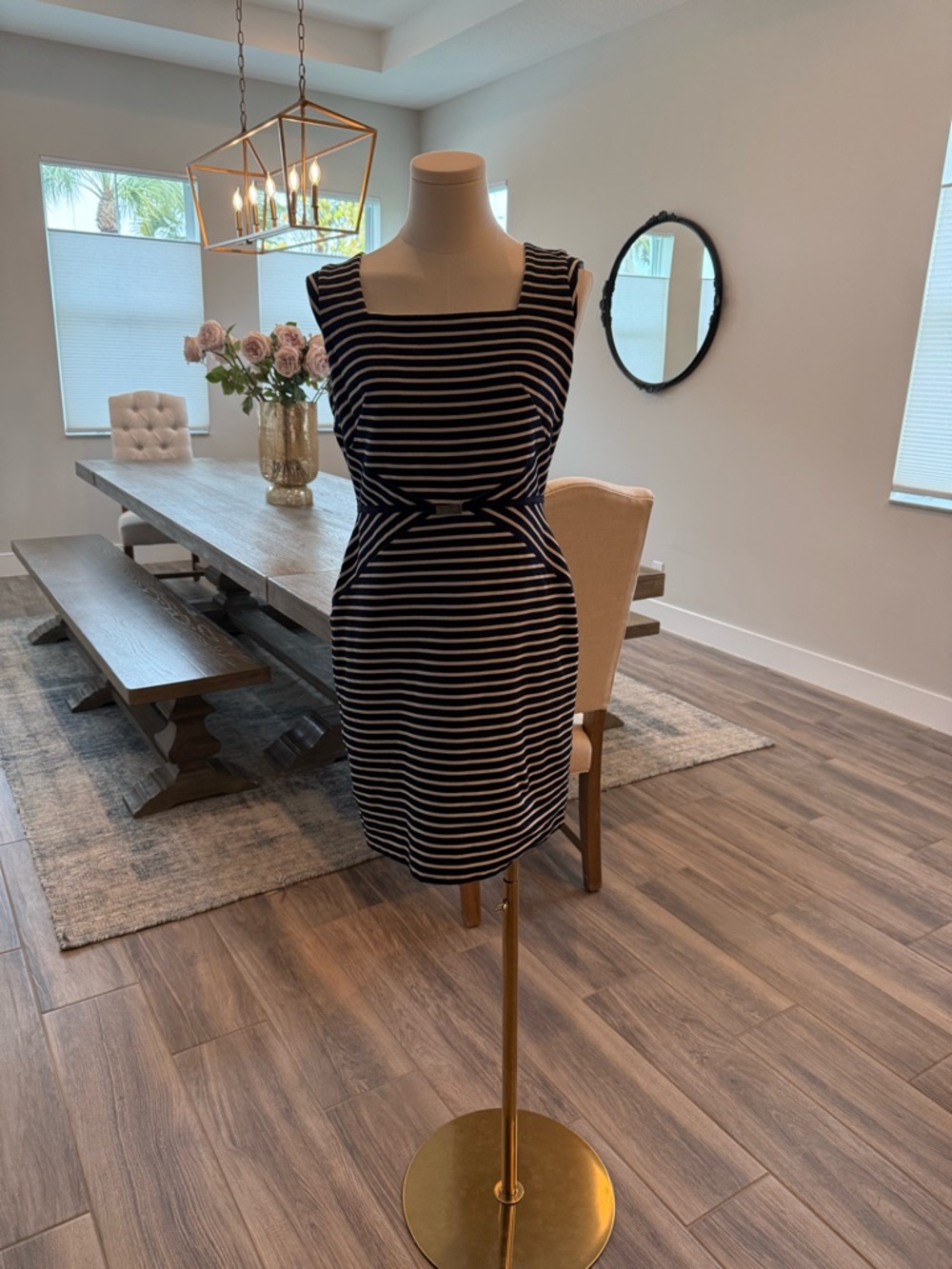 Ann Taylor Navy and White Striped Square-Neck Sheath Dress